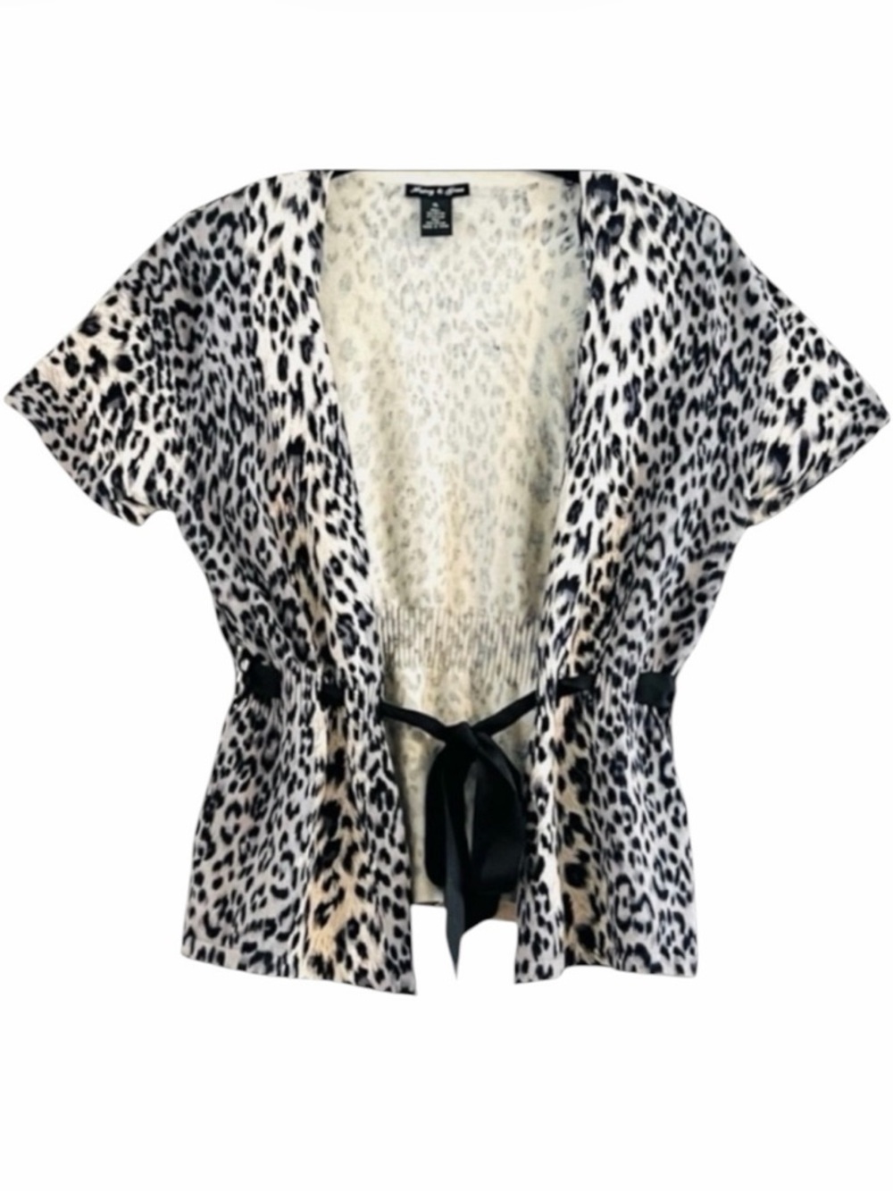 Audrey & Grace Leopard Print Short Sleeve Ribbon Tie Waist Cardigan Sweater XL